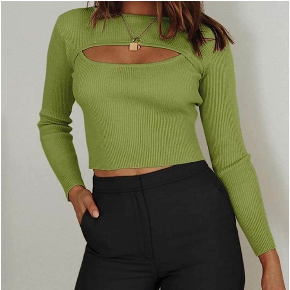 Green Ribbed Cutout Top